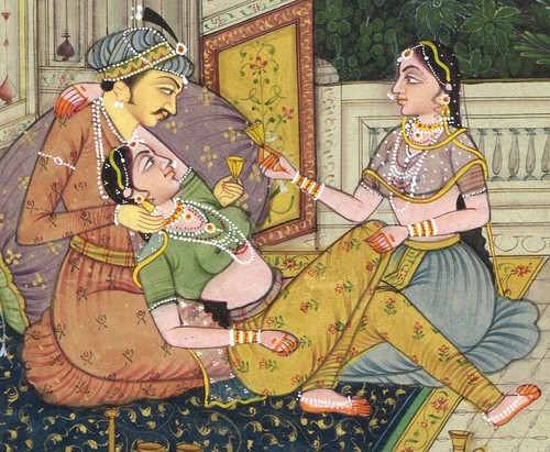 Mughal Harem Scene Painting Of Emperor With Women in Love Art 6x8.5 Inches - Picture 5 of 7