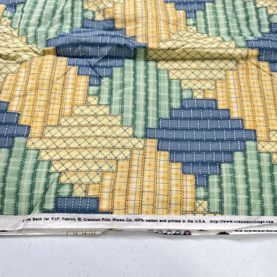 vtg vip cranston fabric cotton green yellow blocks geometric cotton usa 42x88 - Image 3 of 4