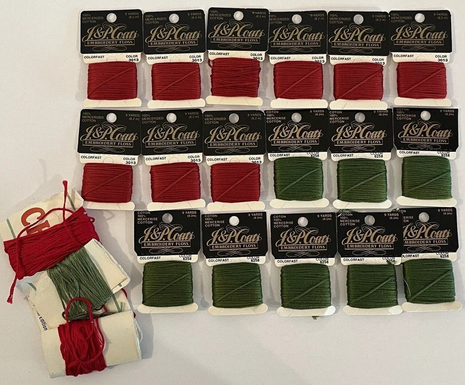 Vtg J & P Coats Embroidery Floss Lot 16 New Unused XStitch Green Red 3013 6258 - Image 2 of 4
