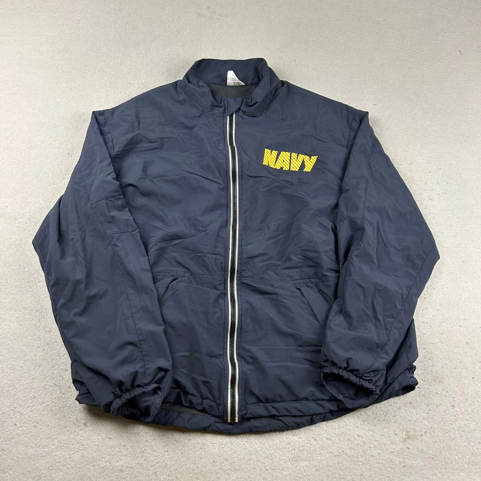 Navy Jacket Mens Large Blue Nylon Mesh Lined Full Zip Long Sleeves Windbreaker