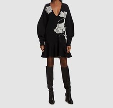 495 Tanya Taylor Women Black Floral Dolman Sleeve V-Neck A-Line Dress Size M