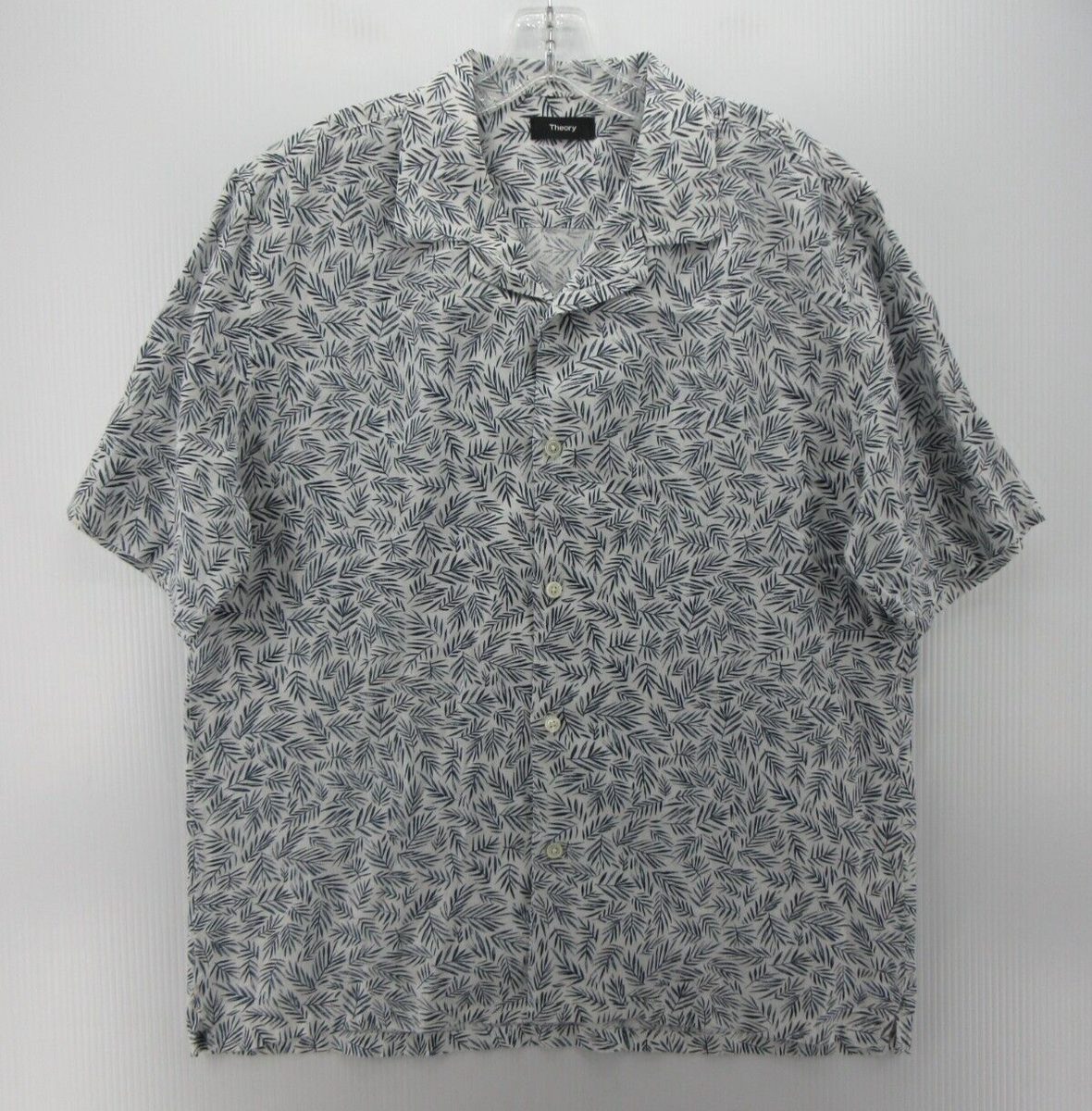 O Theory Shirt Men Large Blue Linen Hawaiian Button Up Camp Floral