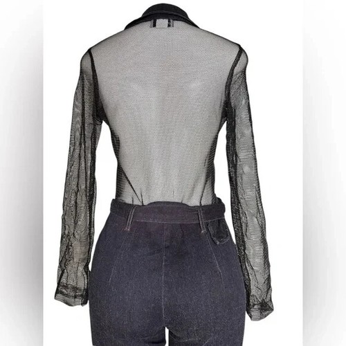 STUDIO F USA Denim & Mesh Jumpsuit XL Biker Y2K Dark Wash Belted Sheer Sleeves - Picture 5 of 13