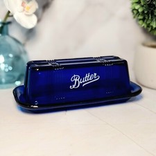 Cobalt Blue Glass Depression Style Butter Dish, Vintage Kitchen Decor, Farmhouse