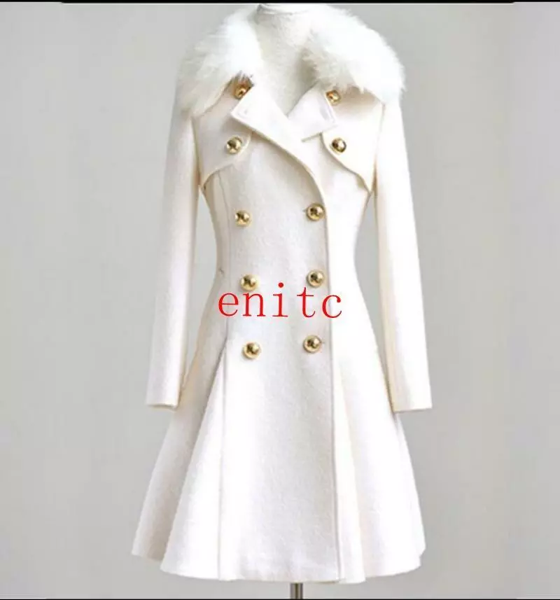 Womens Wool Blend Double Breasted Jacket White Mid Long Winter Coat Fur Collar
