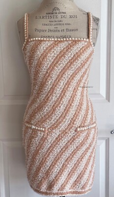 CHANEL 23S ORANGE ECRU SHIMMER KNIT SLEEVELESS KNIIT MINI DRESS 34