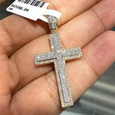 .75CTW Natural Diamond 14K Gold Two-Tone Yellow White Pave Cross Pendant 1.6"