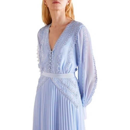 Self Portrait Chiffon Lace Trim Pleated Maxi Dress Light Blue Size 0