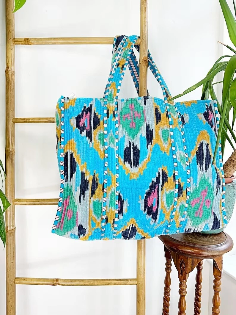 Indian Blue Ikat Velvet Quilted Shoulder Bag Women s Beach Velvet