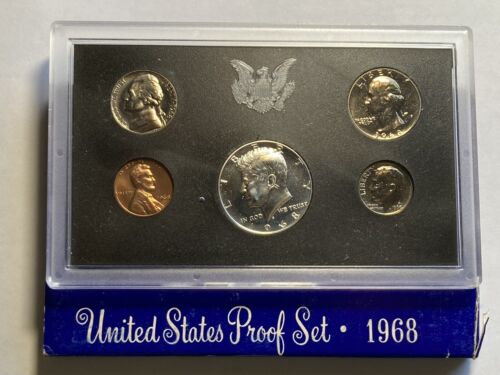 1968 Proof Set Original Blue Box 5 Coin US Mint 40% Silver Half - Afbeelding 1 van 1