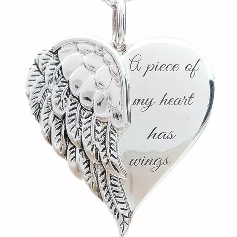 A PIECE OF MY HEART HAS WINGS, Heaven Angel Feathers Heart Necklace, New