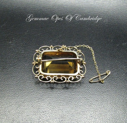 Vintage Scottish 35mm x 30mm 9ct Gold Citrine Brooch & Safety Chain 14.17g 91tcw - Picture 3 of 3