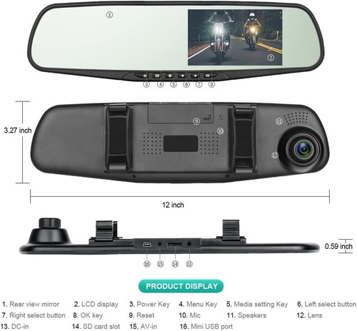 Car Dash Cam 4.3 Inch LCD Anti-Glare Green Screen Vehicle Front Rearview Mirror - Picture 9 of 9