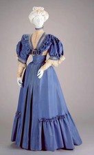 Blue Elegant Edwardian Victorian Ball Gowns High Neck Lantern Sleeve Lace Ruffle