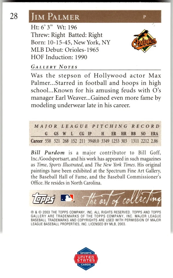 2003 Topps Gallery Hall of Fame #28 Jim Palmer White Hat - Image 2 of 2