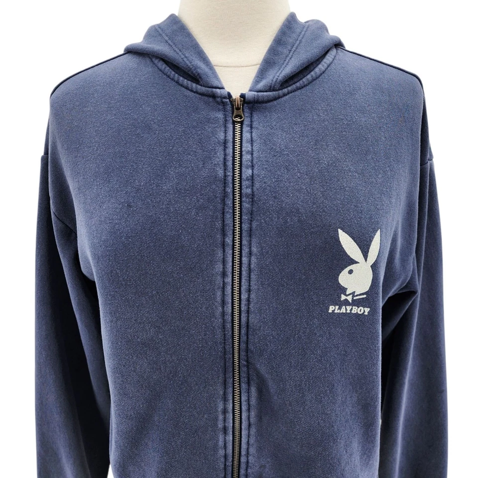 Playboy Pacsun Womens Medium Hoodie Playboy Bunny Logo Cropped Zipper Blue - Image 2 of 4