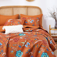- Boho Quilt Set, Floral Bohemian Chic Country Botanical Colorful Funky Flower P