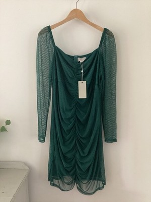 Coast Dress, UK Size 18, Forest Green Spot Mesh Rouched Dress, BNWT