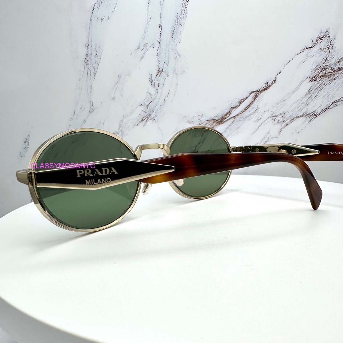 PRADA Sunglasses PR65ZS ZVN70L Gold Oval Round Symbole Metal Prada