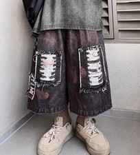 Men's Black Denim Shorts Wide Leg Loose Fit Ripped Motorcycle Jeans Summer Pants