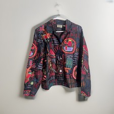 Chico  s Designs Womens 1/M Silk Jacket Black Multicolor Aztec Print Embroidered