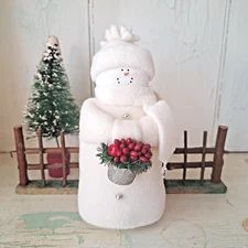 Hearts & Ivy 6.5" White Snowman W/ Silver Glitter Bucket Of Red Berries