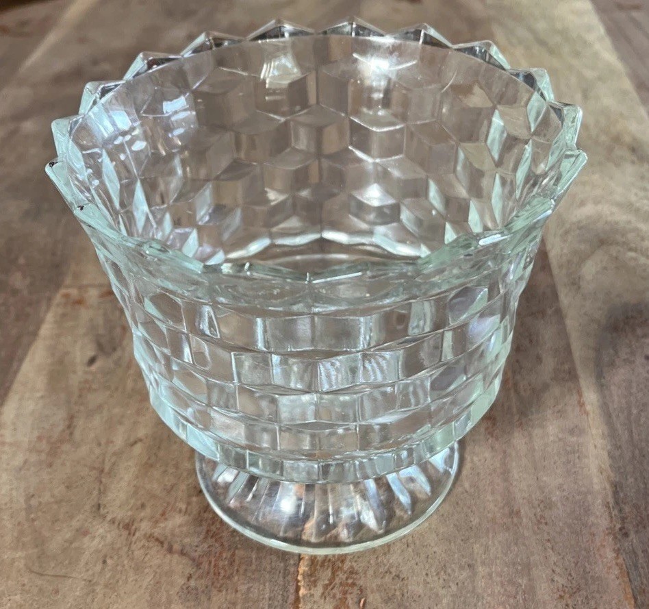 Vintage Fostoria American Clear Pedestal Glass Trifle Bowl in Cube Pattern