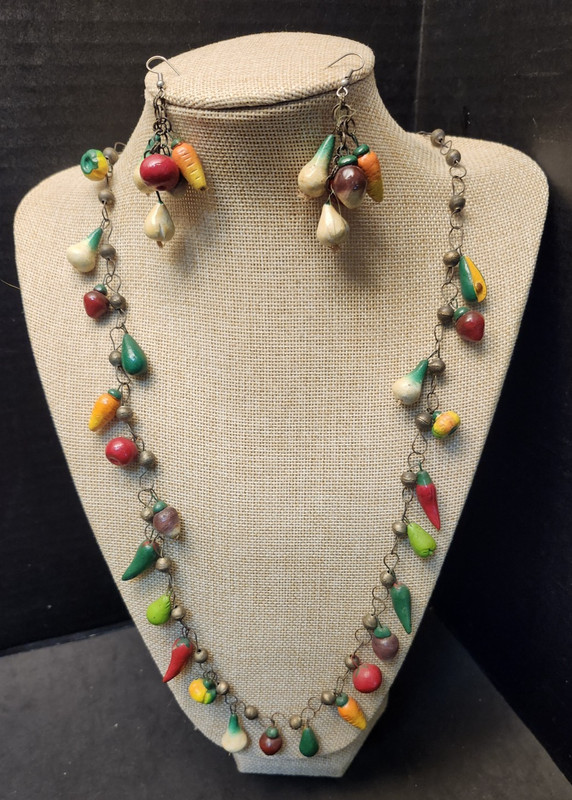 Fruit Salad Vegetable Necklace & Earrings Vintage Hand Painted Wood & Wire 30"