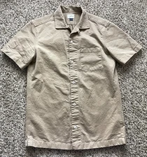 J Crew Shirt Mens Small Beige Loop Collar Canvas Button Up Short Sleeve G4735