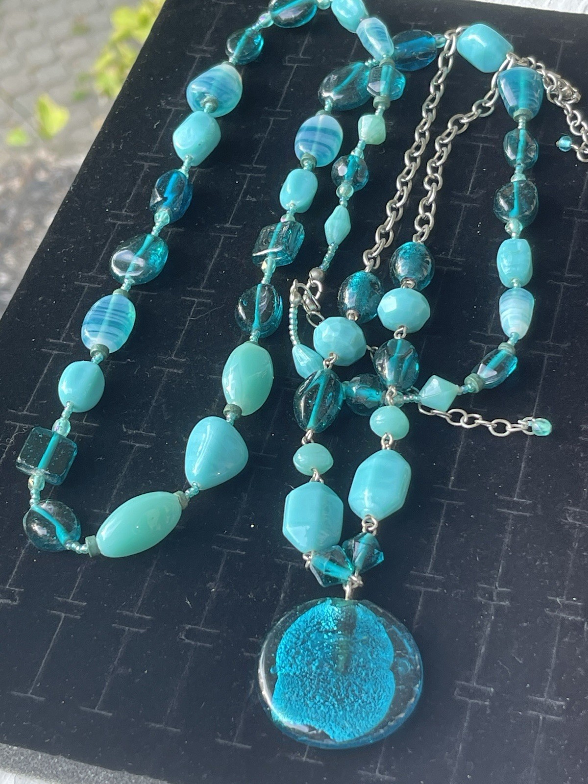 Two Art Glass Murano Style Beaded Necklaces Teal Tone