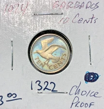 1974 Barbados 10 Cents KM# 12, proof. Coin #1322. Free shipping