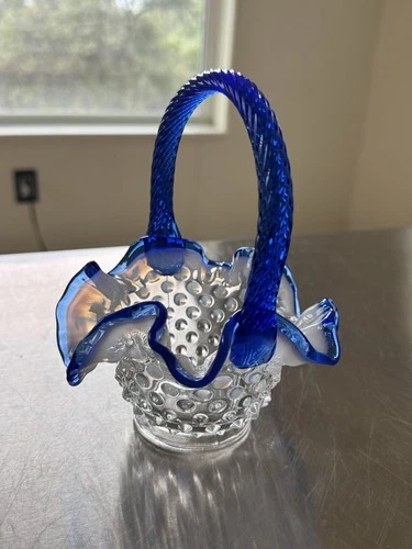 Fenton Blue Sapphire Crest, Opalescent Hobnail, Ruffle Top Basket