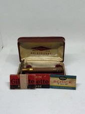 Vintage Gold Tone Gillette Aristocrat Safety Razor with Case and Blade Holder