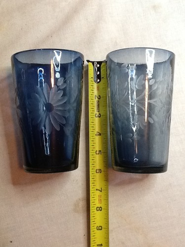 BLUE GLASS TUMBLERS (IRREGULAR PAIR) HAND MADE & ETCHED 6" TALL 11*8*23B - Picture 6 of 6