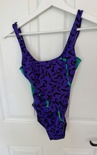Vtg La Blanca Abstract Geometric High Leg One Piece Swimsuit Purple Teal 80s 90s