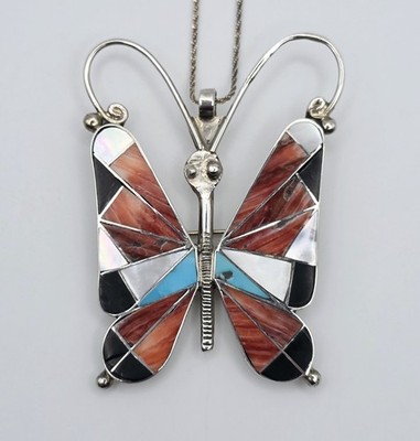 Vintage Zuni Native American Butterfly Pendant Brooch Necklace Sterling Silver