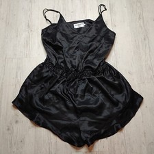 Lauren Curtis Lounge Sleepwear Romper Women's Black Satin Night Suit Size L