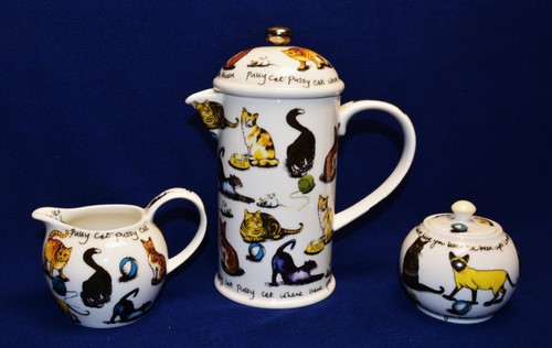 Vintage PAUL CARDEW Porcelain PUSSY CAT KIT-TEA 4 Cups Coffee Pot w French Press - Picture 4 of 4