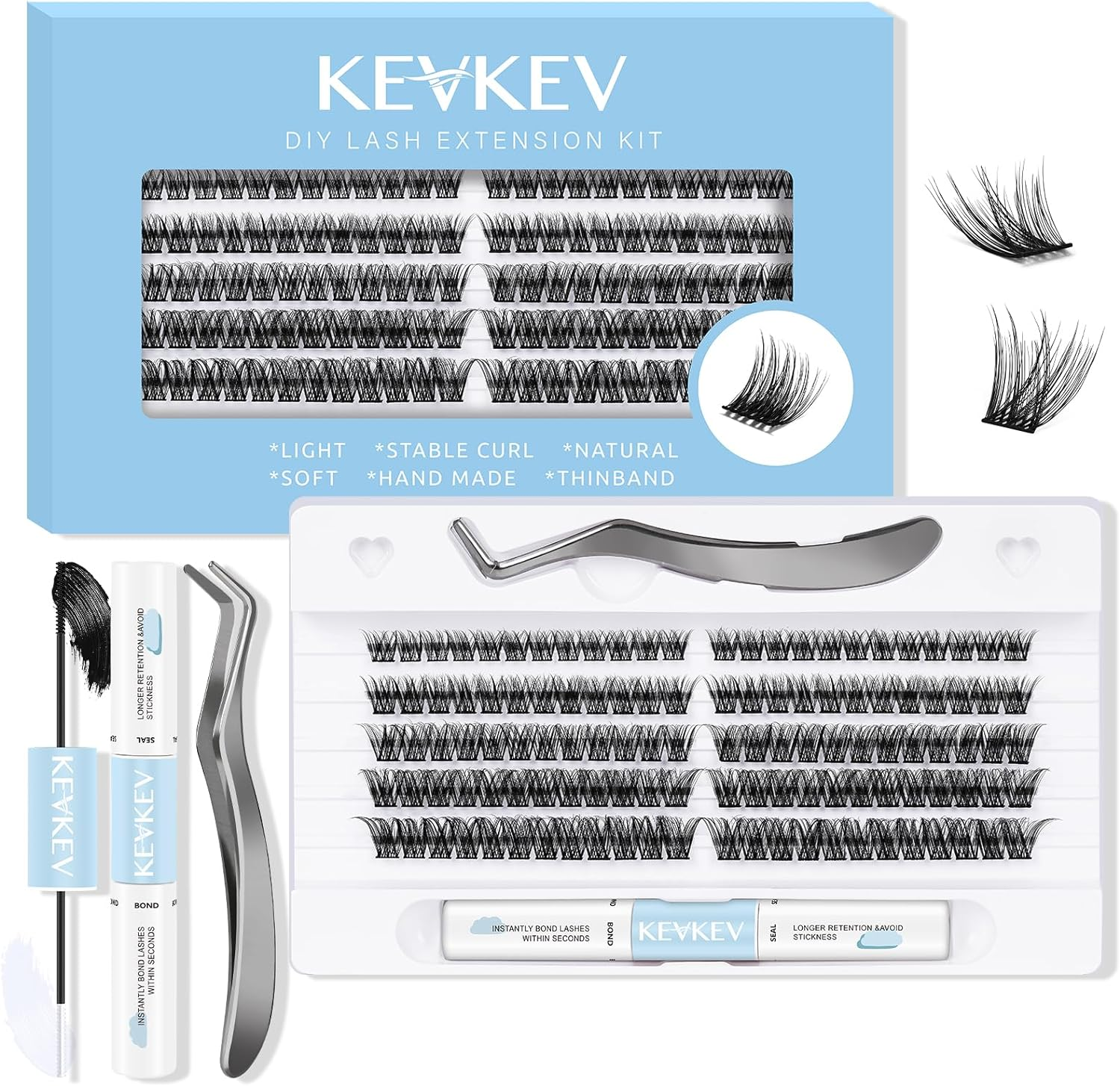 KevkevDIYLashExtensionKit-120PcsDCurlClusters,Bond,Seal,ApplicatorTo