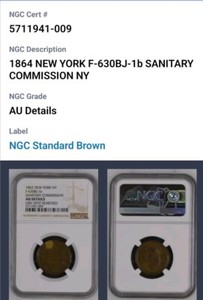 New York, NY, 1864 Sanitary Commission Token F-630Bj-1b NGC AU Details. CB1156