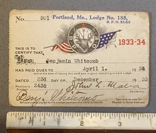Vintage 1933-34 Elks Lodge No 188 Club Membership Card Portland Maine