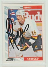 Score 1992-93 #190 Tom Fergus Autographed Hockey Card Vancouver Canucks