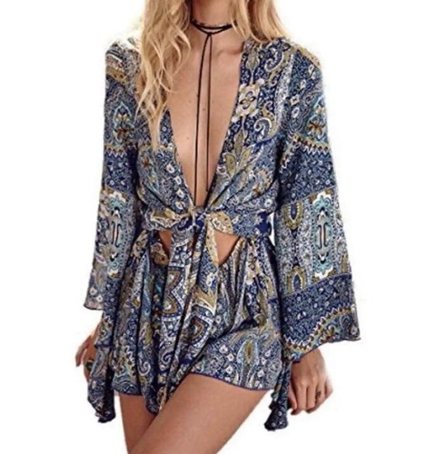 AELSON Romper Size M Boho Flare Sleeve Cut Out Festival Hippy Paisley Blue Beach - 第 1/19 張圖片