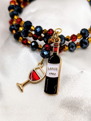 Handmade Beaded Cuff Bracelet With Wine Glass/Bottle Charms - Picture 2 of 6