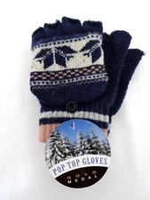 Pop Top Gloves Fingerless Button Mitten Top Navy Blue Pink White Design