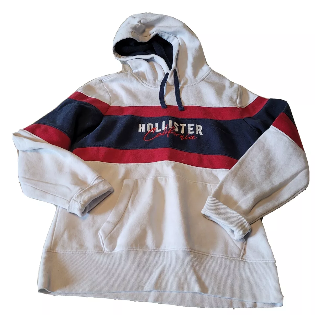 Hollister Hoodie Sweatshirt Red White Blue Stripe Men’s Small Spell Out Logo