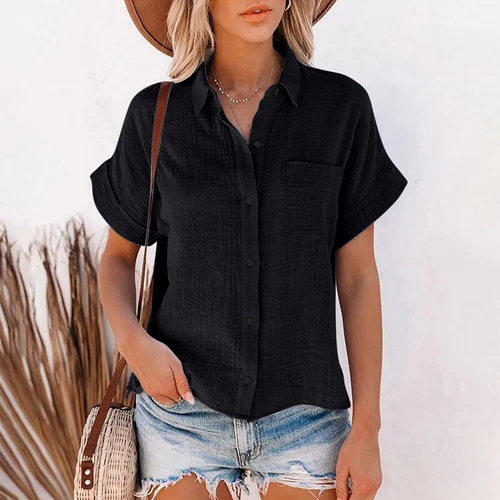 Women Tops Lapel Neck Shirts Ladies Casual Short Sleeve Business Elegant Blouse - Picture 20 of 44