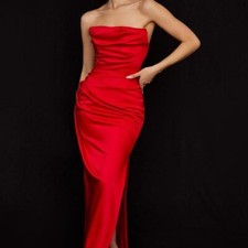 HOUSE OF CB DRESS ADRIENNE SCARLET SATIN STRAPLESS GOWN