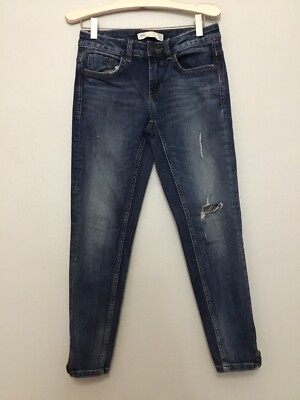 Zara Basic Z1975 Jean Womens Size 4 Denim Med Wash Destroyed Ankle Zip Skinny