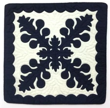 Hawaiian Quilted 18" Pillow Covering - Breadfruit - Ulu - Navy Blue on White